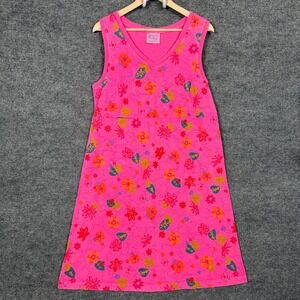 Fresh Produce Sz Large Dress Midi Shift Pink Cotton Floral V Neck Sleeveless USA